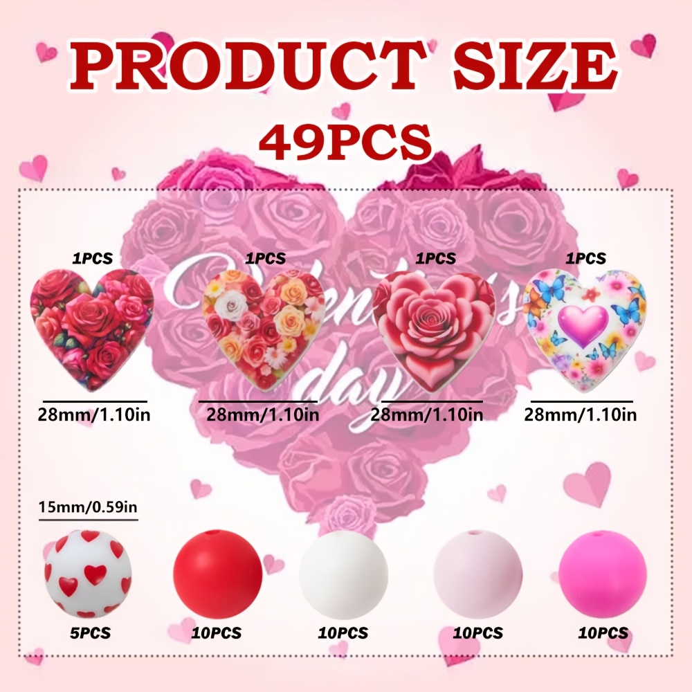 TEMU Un ensemble de 49 perles en silicone pour la Saint-Valentin, avec des de roses, de papillons et de fleurs de rose, comprenant des perles rondes