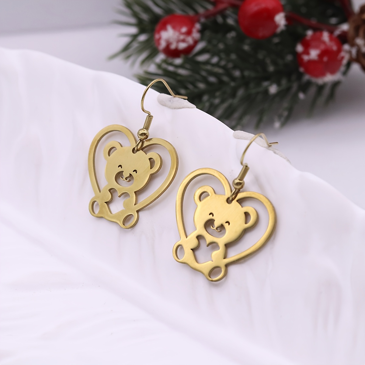 Hollow Heart Bear Earrings, Cute Animal Gift