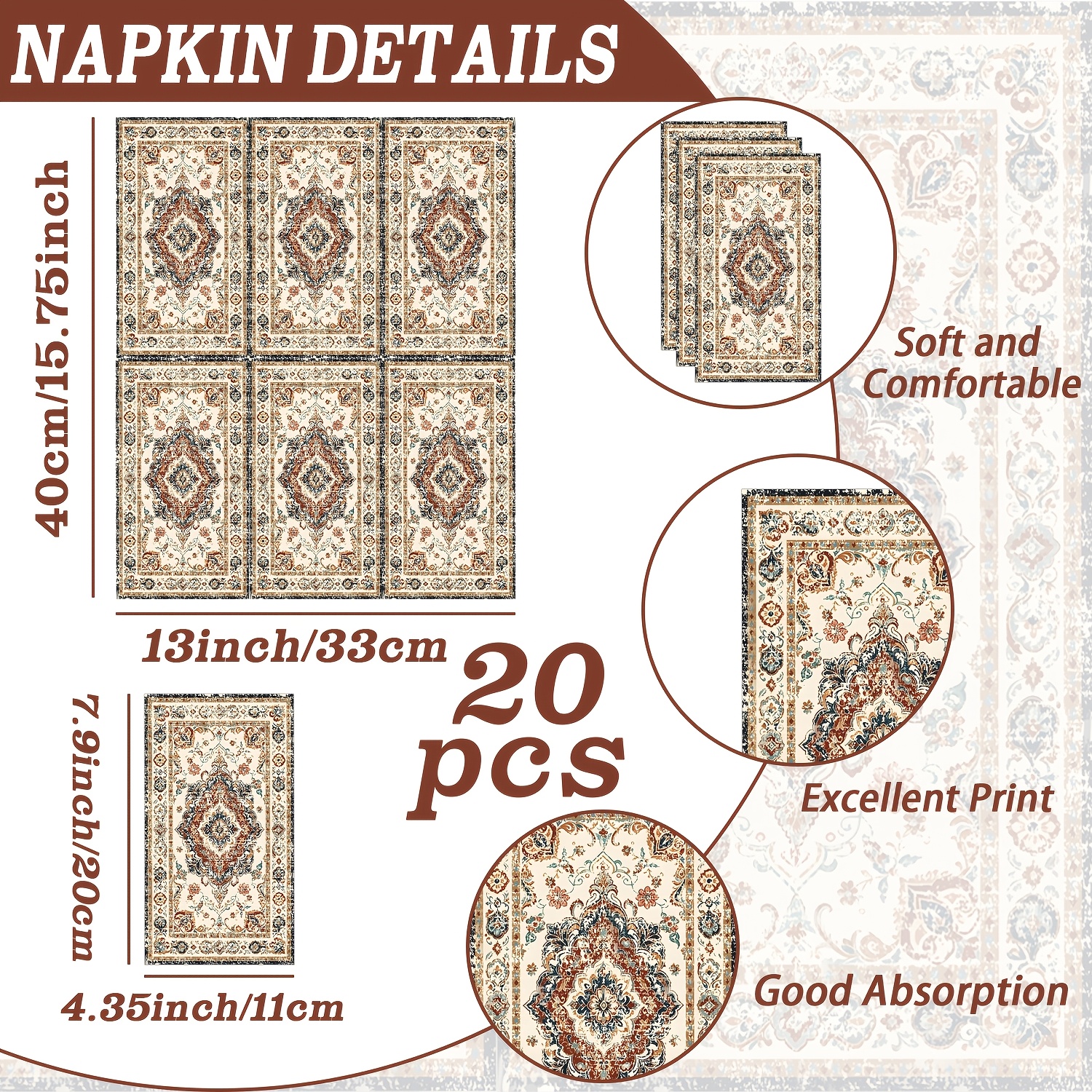 TEMU Lot de 20 serviettes de table florales bohèmes pour fêtes, décoration de table avec serviettes de table épaisses en papier pour goûters
