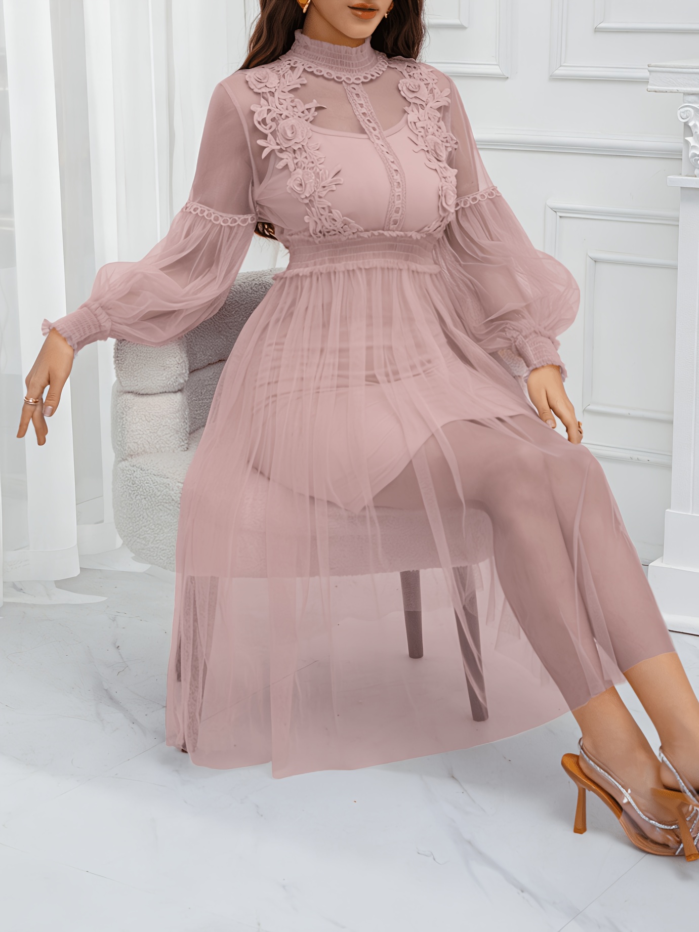 2026 spring summer multi color mesh lace long sleeve dress - Temu Oman