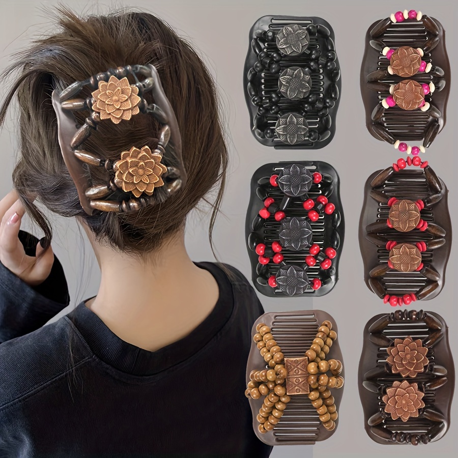 

Elegant Double-row Beaded Flower Hair Comb - Clip For Women, French Design, No-scent, Ideal For Curly & Normal Hair - Black With Golden/red Accents, Hair Accessories