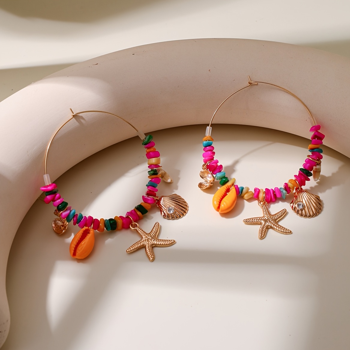 1 Pair Of Women's Classic Fashion Acrylic Colored Stone Beads With Seashell And Starfish, White Acrylic Inlaid Stereoscopic Hollow Circle Tassel Earrings, Daily Wear Jewelry, Gift For