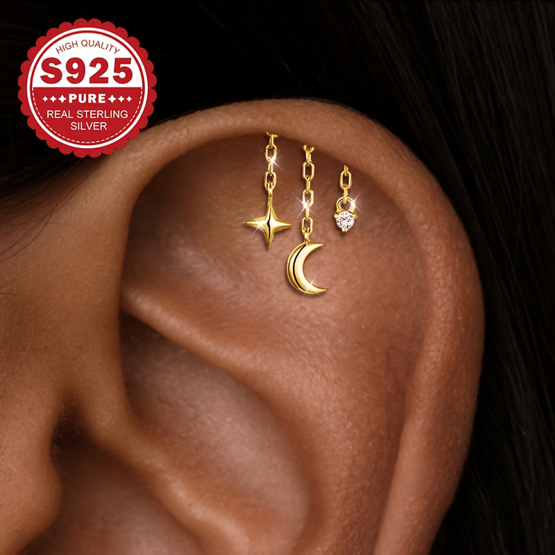 Women's S925 Tassel Star and Moon Ear Cuff Stud