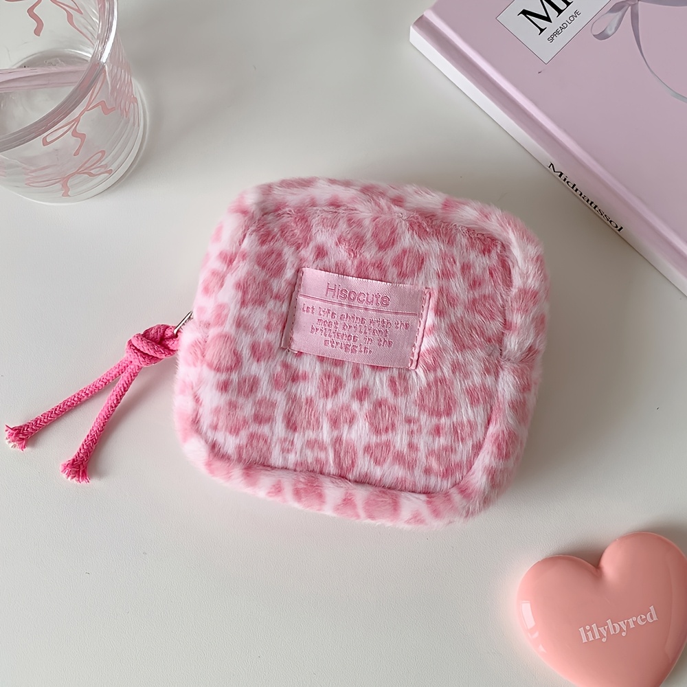 TEMU 1pc 6-color Leopard Print Plush Cosmetic Bag Winter Warm Mini Square Makeup Bag Lipstick Box Makeup Storage Bag, Multi-functional Design For