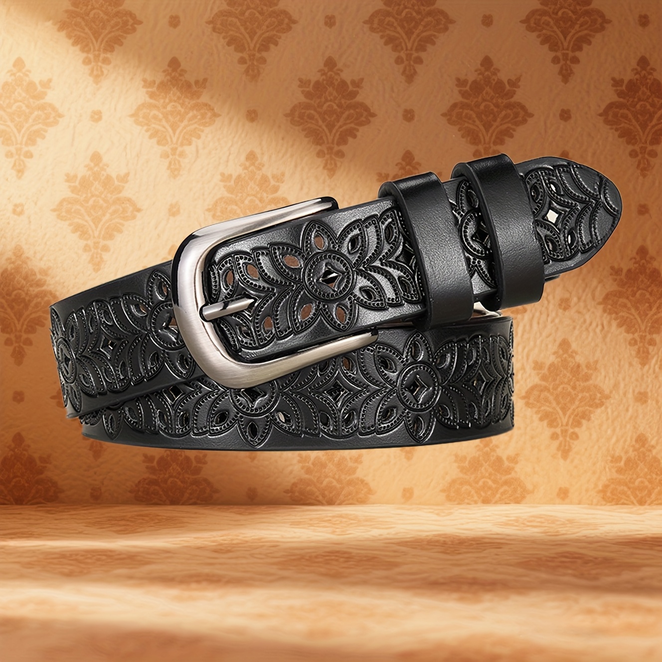 E-shop Damen Vintage Lochmuster-Gürtel mit Blumen- Türkis-Schnitzmuster, Unisex Vintage-Design, für lässige Anlässe, Kombinierbar mit