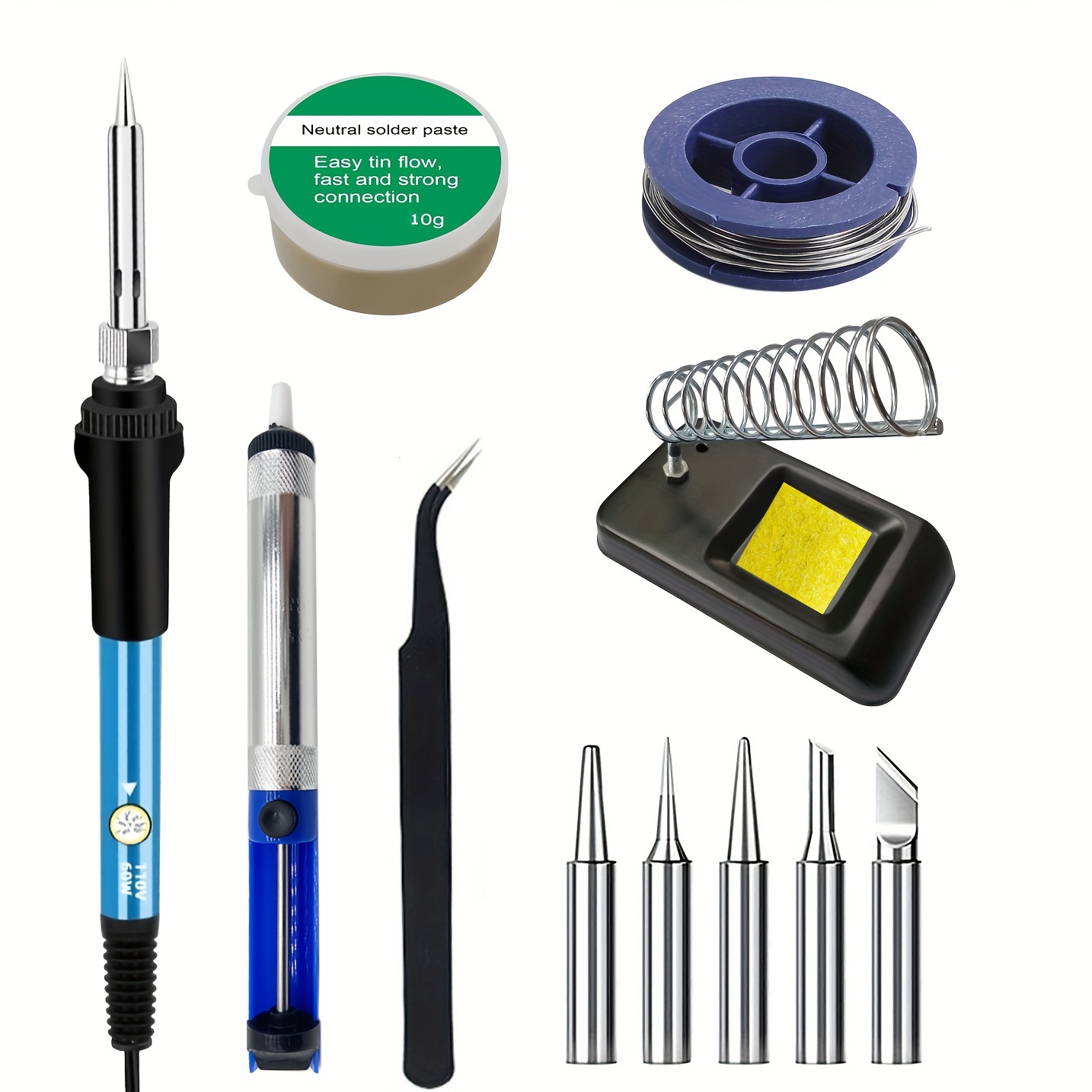 

11pcs 60w Adjustable Temperature Soldering Iron Kit, 110v/220v, With 5 Tips, Solder Wire, Stand, Sponge, And Paste - Ideal For Electronics & Jewelry Crafting, Us Plug