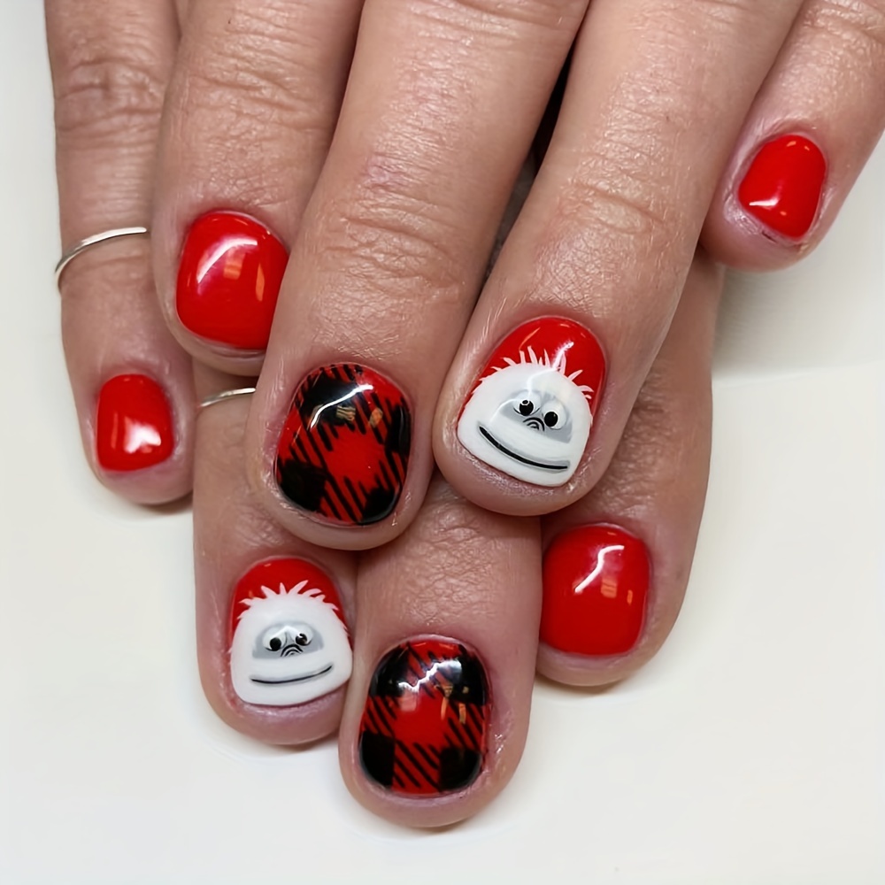 

24 Pcs Short Square Press On Nails Red With Cartoon Holiday Design - Easy To Apply Removable Fake Nails Set
