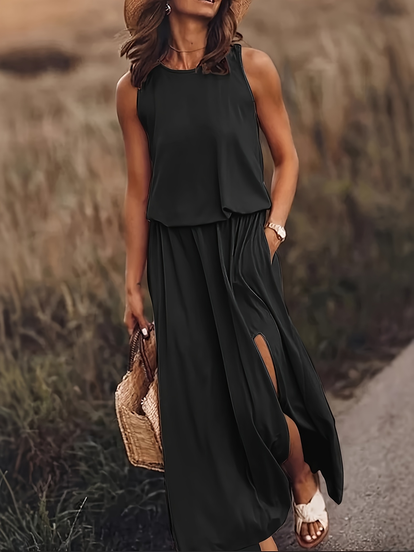 womens elegant sleeveless midi dress solid color black loose fit stretchy with side   round neck casual to semi formal   machine washable dress summer outfit twist front design flowy fabric black 0
