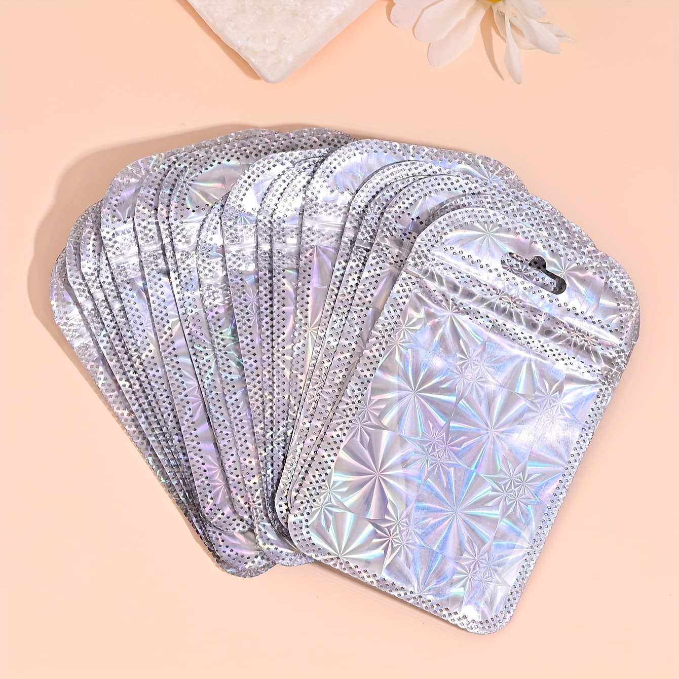 TEMU 50pcs Stylish Fireworks Laser Holographic Self-sealing Pe Bags For Jewelry, Shoes & Watches - Reusable Dustproof Storage Pouches 6.9x11cm