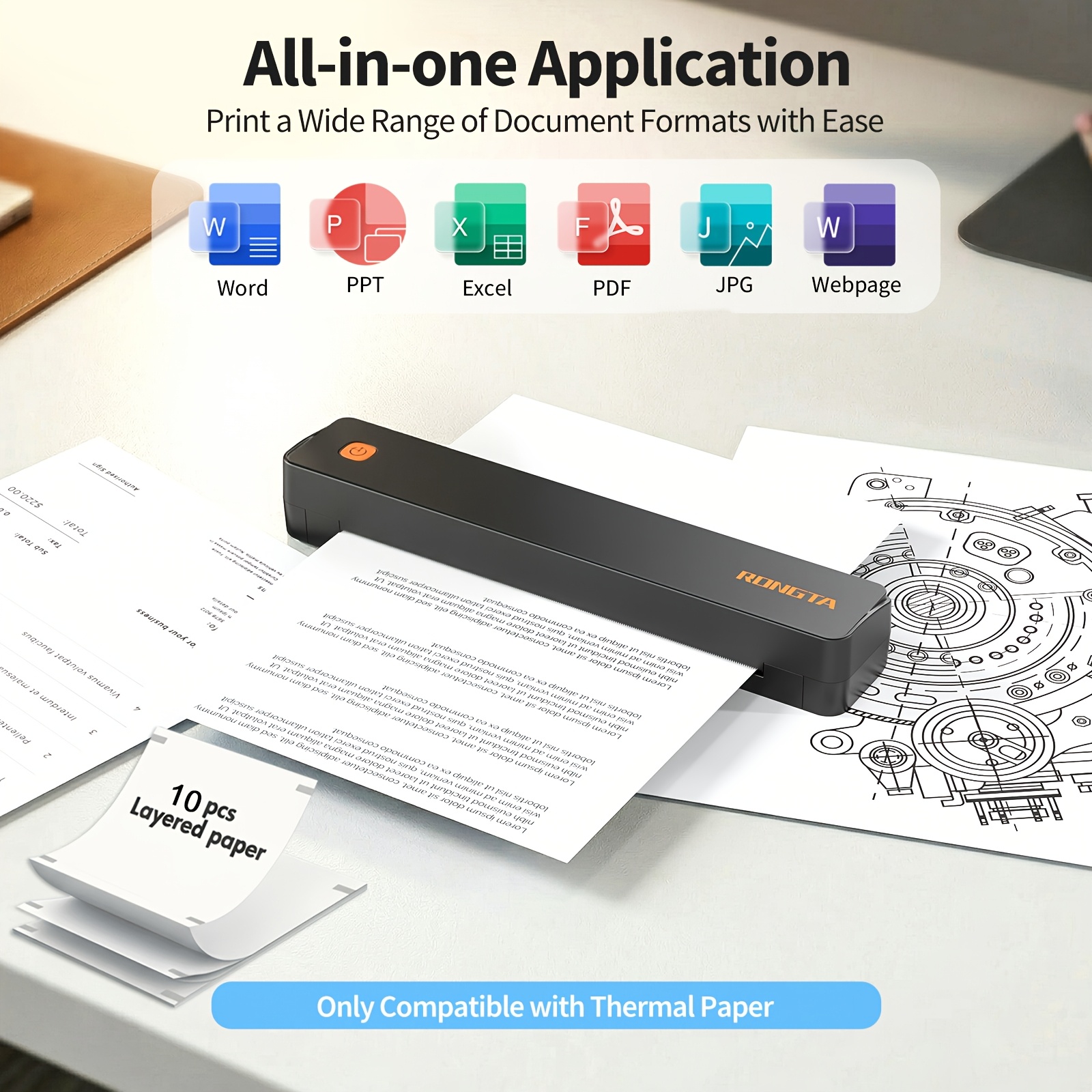 Image of Rongta F11b Wireless Thermal Printer For Travel And Daily Use, Includes 10/210 Sheets Of Thermal Paper, Supports 8.5x11 Inch Paper, Works With All Major Devices