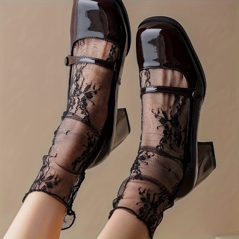 Image of 1 Pair Of Spring/summer Thin Style Black And White Short Socks For Women, Lace Flower Breathable Mesh Calf Slouch Socks