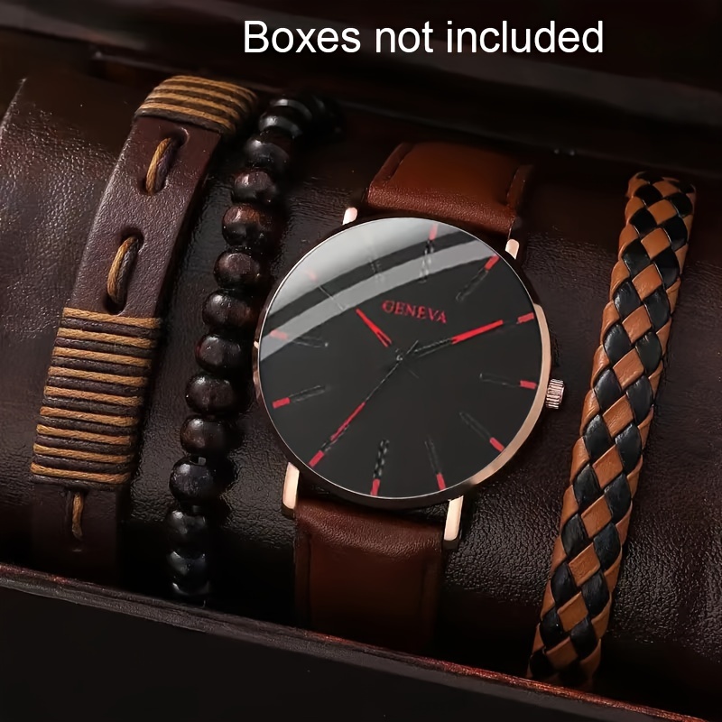 

4pcs/set Men's Business Leisure Quartz Watch Analog Pu Leather Wrist Watch & Bracelets, Father's Day Valentine's Day Gifts For Him