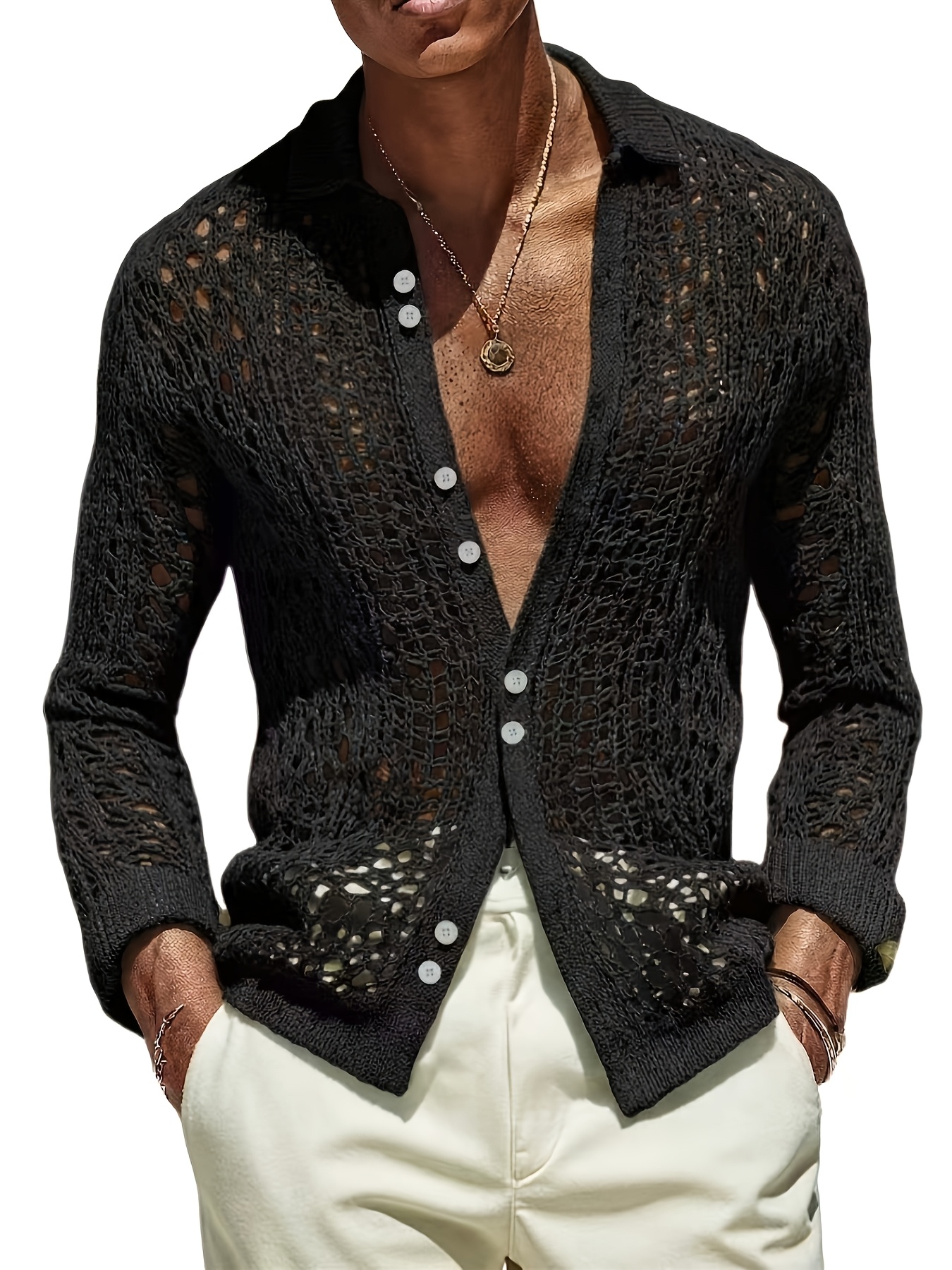 Men's Knitwear, Bean Green Hollow-out Knit Cardigan, Lapel & Single-breasted Design, Breathable & Casual, with a Relaxed Vacation Vibe