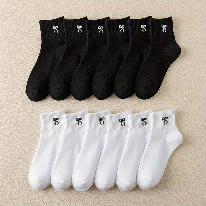 E-shop 12 Paar Damen Socken Frühling Sommer Schleife Print Einfarbige Kurze Socken Trendiger Vielseitiger Preppy Style Niedliche Kurze Tube Socken