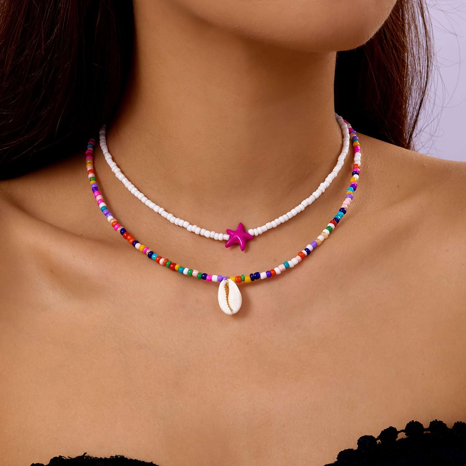 TEMU Juego de 2 piezas: Collar gargantilla de moda para mujer, collar de capa de mar y concha artificiales con cuentas de arroz , juego de cadenas de