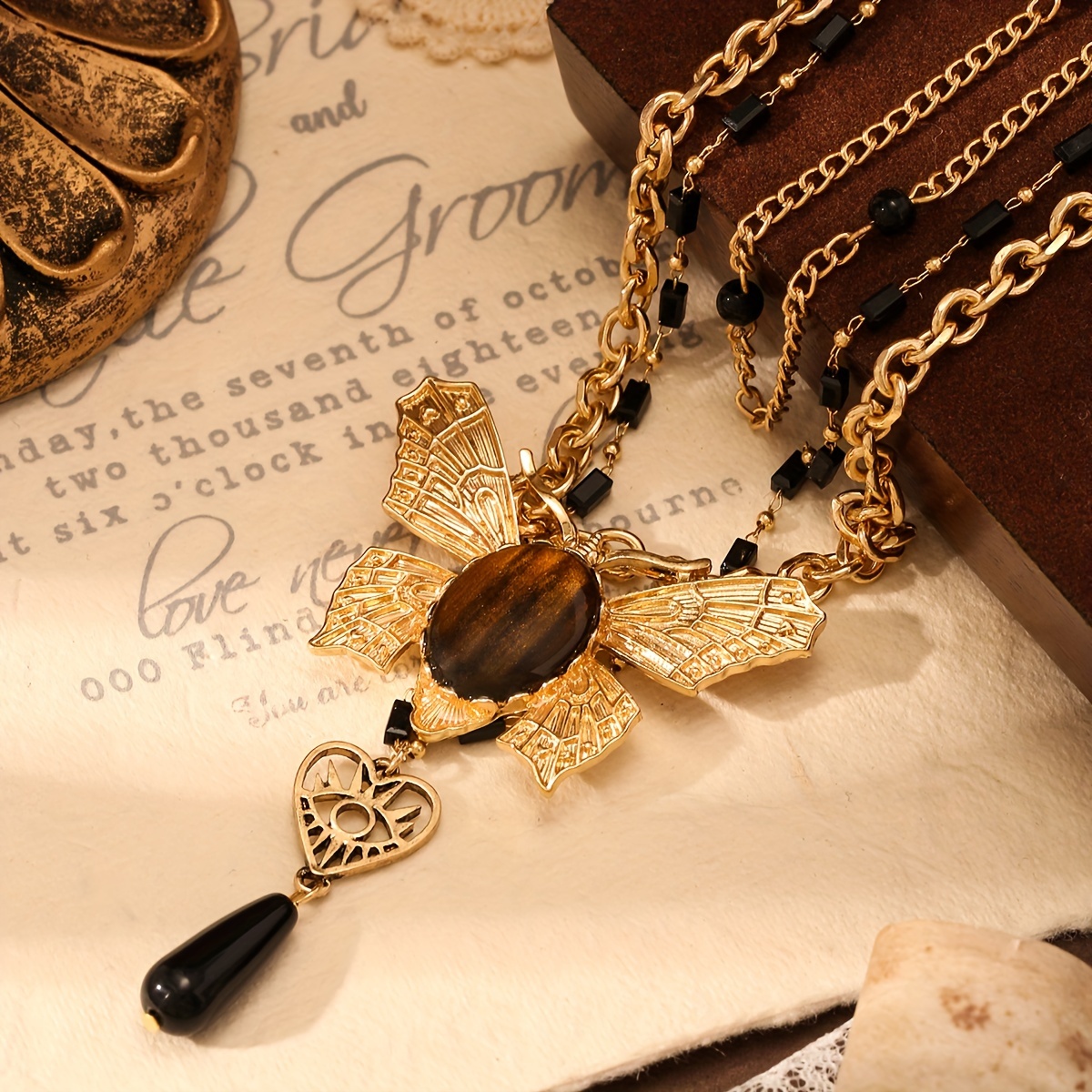 Vintage Gothic Style Butterfly Heart Pendant Necklace Brown