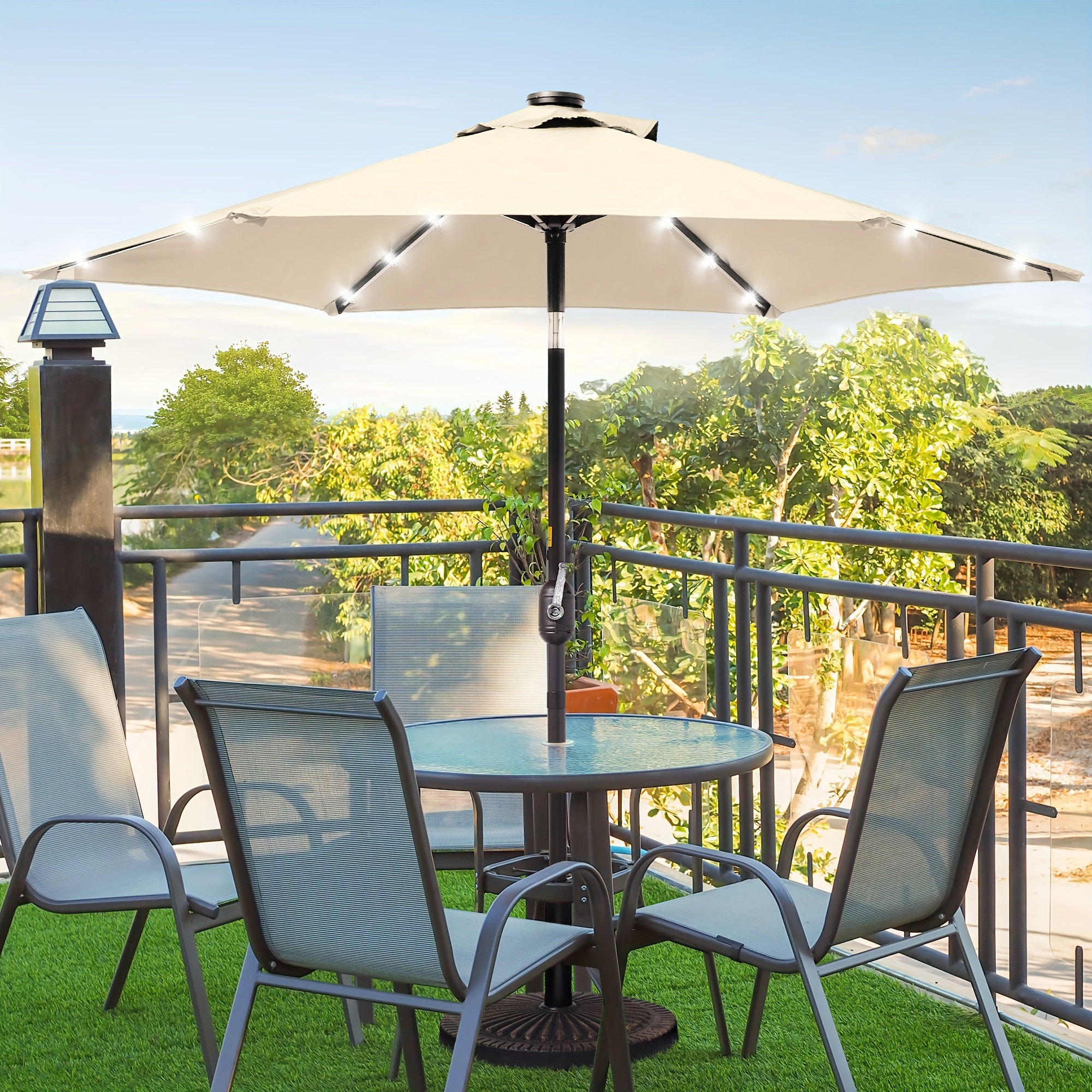

7.5ft Led Pato Market Umbrellas And Shade, Table Umbrella With Tilt Button For Deck, Garden And Pool