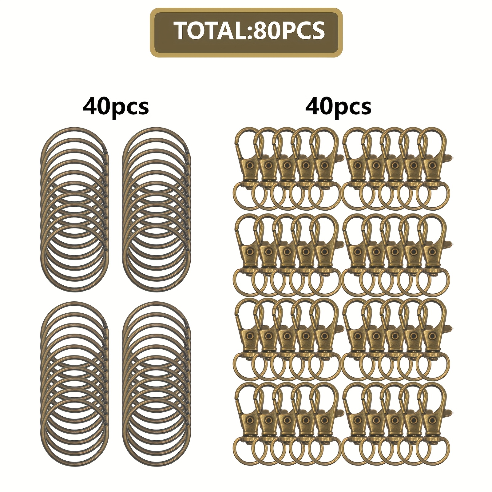 Image of 80pcs Vintage Bronze Color Keychain Craft Diy Accessory Set, 40pcs Rotatable Alloy Spring Hooks And 40pcs Iron Split Key Rings