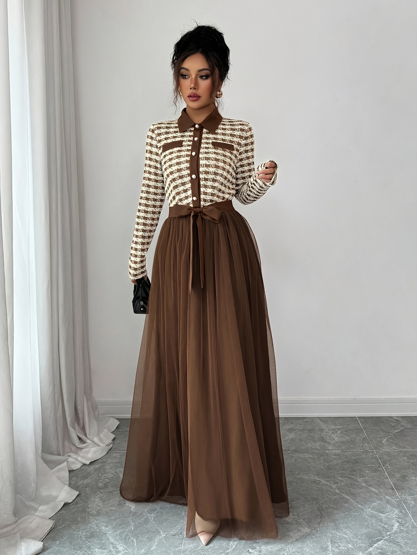 simple contrast dress design womens long sleeve dress contrast color neckline