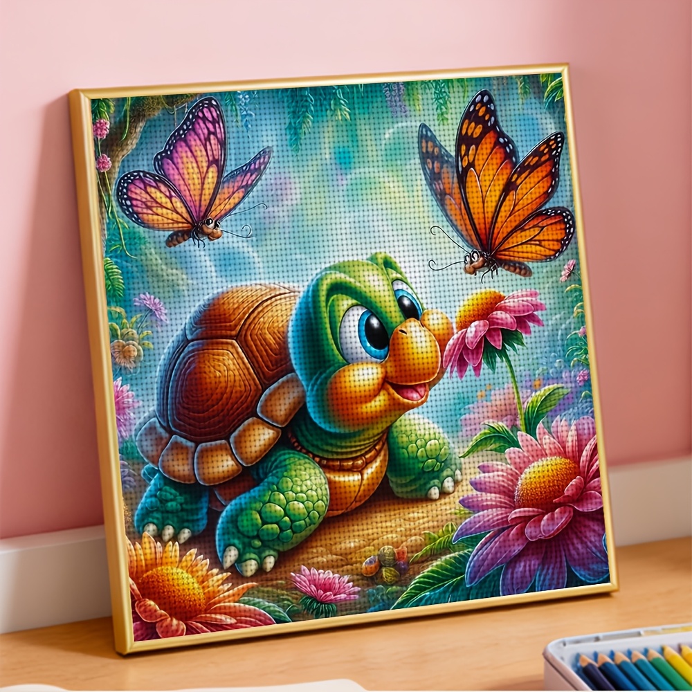 Frameless Cross-Stitch Kit, Cute Turtle with Flowers and Butterflies