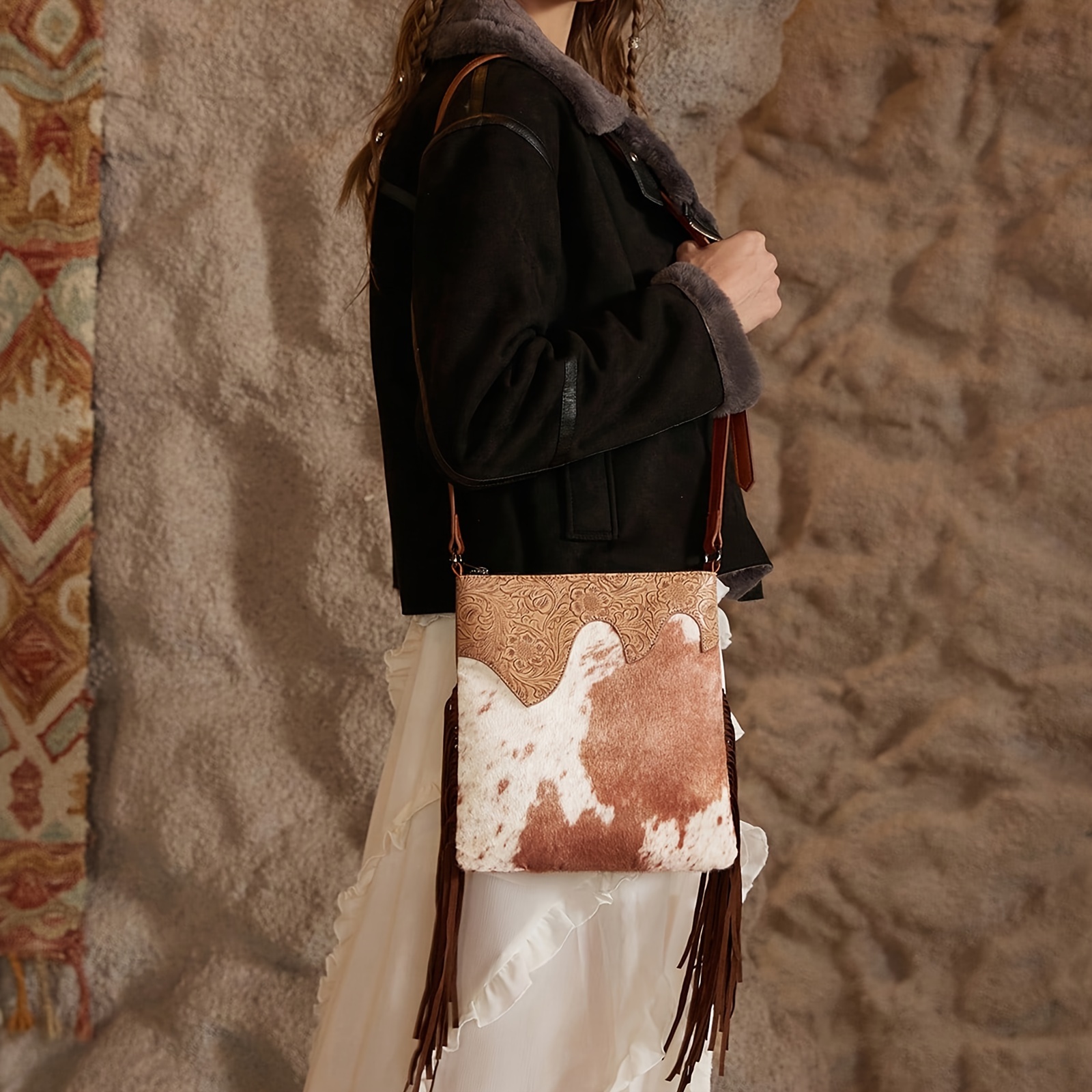 

Chic Retro Cowhide Pattern Crossbody Bag With Tassel Accents And Detachable Shoulder Strap - Lightweight, Zippered Leather Purse Phone & Tablet - Ideal Gift For Her, Crossbody Purse