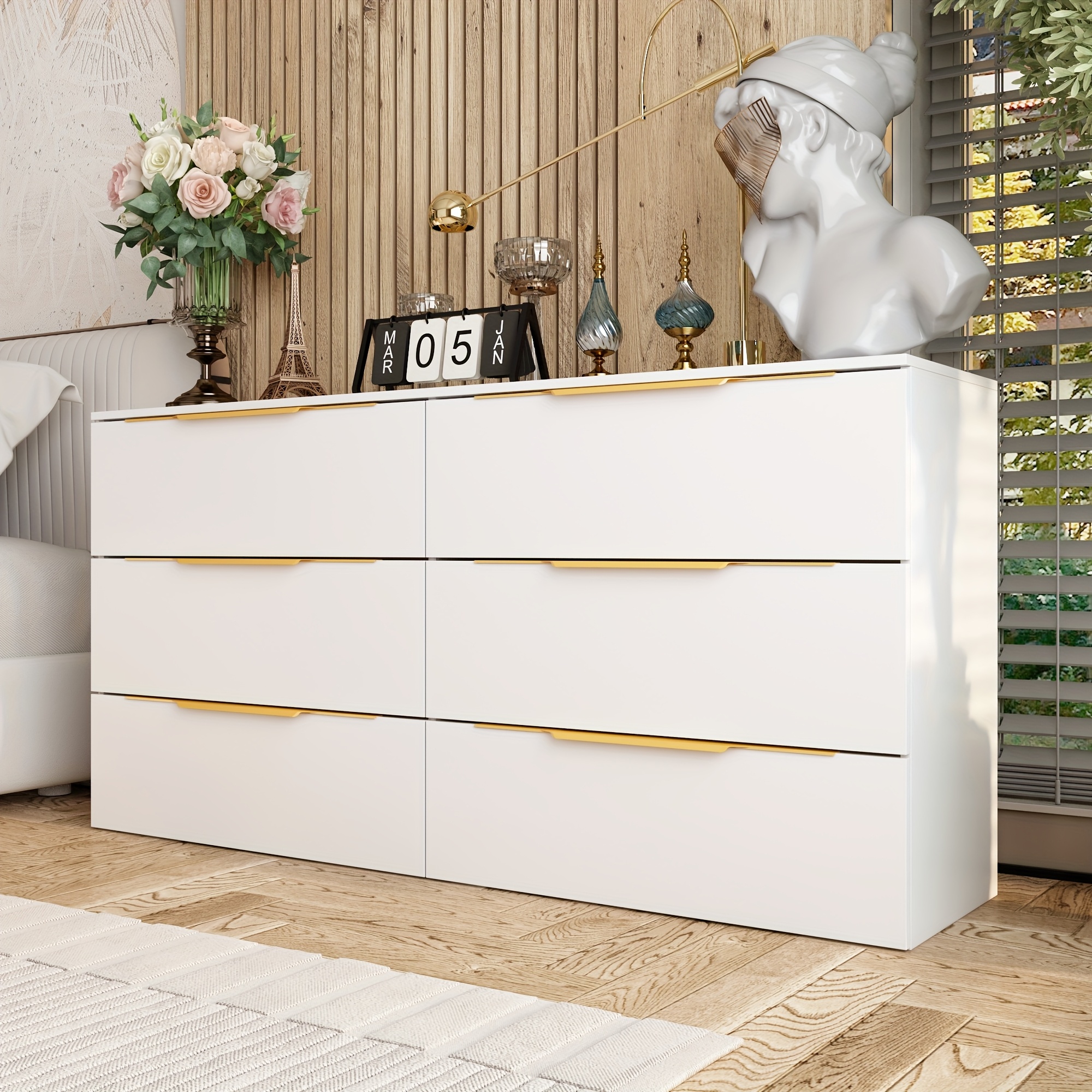 Modern White Double Dresser with 6 Drawers, Elegant Hardwood Storage  Cabinet Featuring Golden Handles * Top for Display * for Bedroom or Living  Room, Bedroom Storage | Minimalist Furniture | * with ...