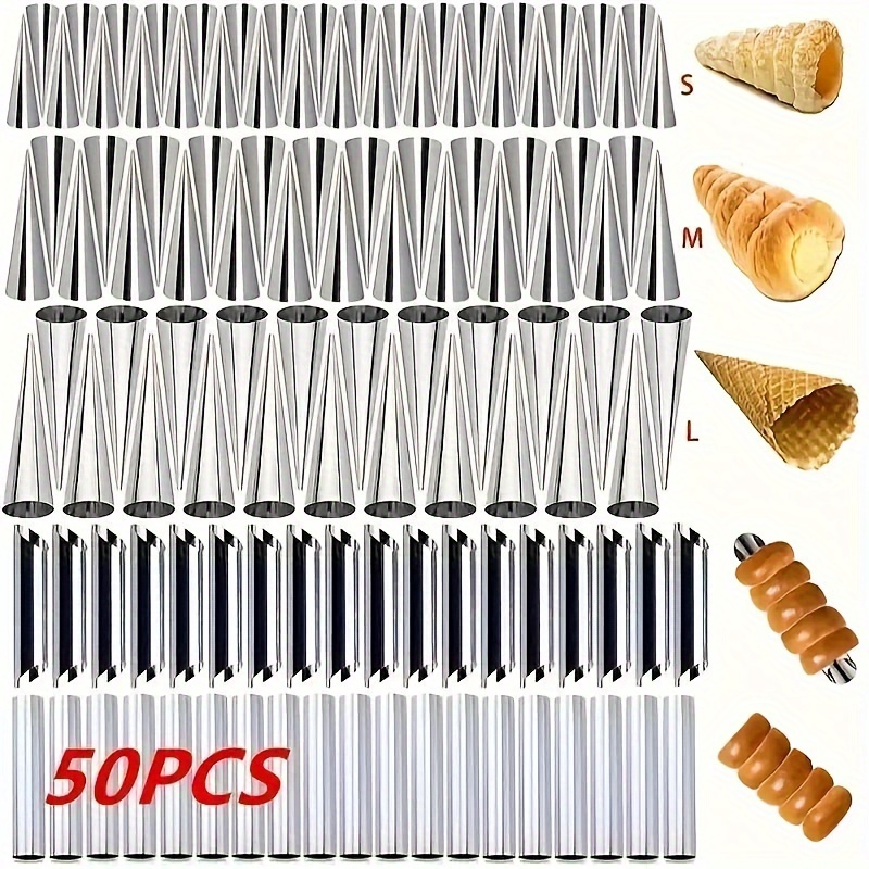 

50pcs Stainless Steel Cream Horn Molds Set, Danish Pastry & Croissant Baking Tools, Easy-clean Kitchen For Home And Restaurant Use, Food Contact Safe, Danish Pastry Molds, Cream Horn