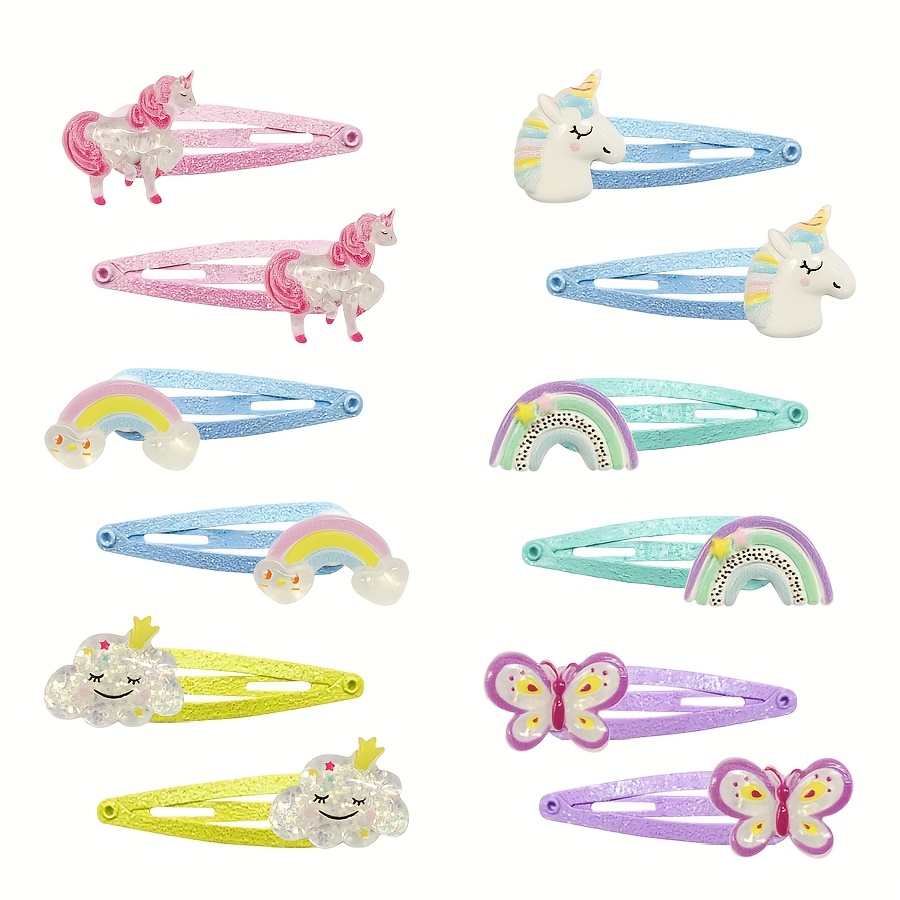 TEMU 12 piezas/juego de pinzas para el cabello de niña, unicornio, , , conejito, uso diario