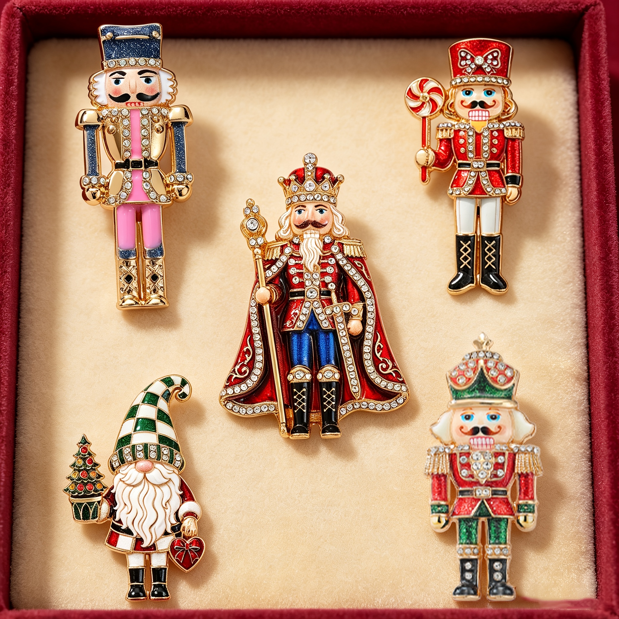 TEMU 5pcs Set Solevdo Enamel Rhinestone Brooch, In Of A Nutcracker Soldier And A Dwarf, With A Festive Retro Style, Is An For Lapel Decoration,