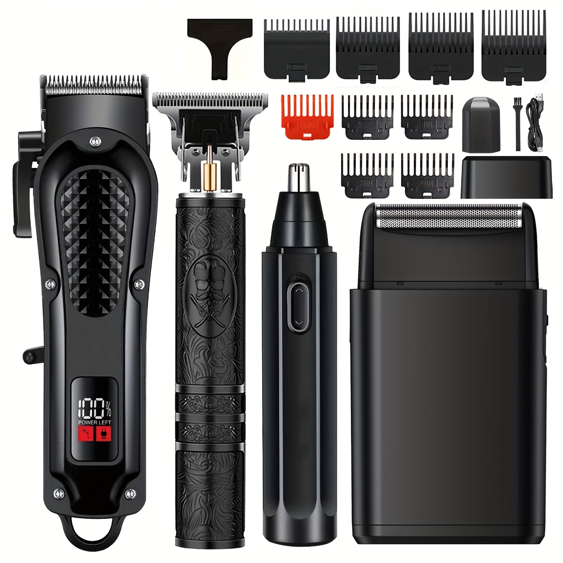 Herrenpflege Set 4-teilig, Folienrasierer, Haarschneider mit LCD-Display, Nasenhaartrimmer, USB Wiederaufladbar, Professioneller Trimmer, Friseurrasierer, USB Aufladbarer Bartschneider, Geschenke für Männer, Vatertagsgeschenk