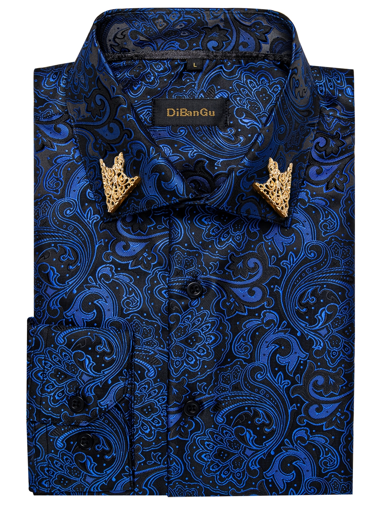 DiBanGu Men's Silk Paisley Dress Shirt - Woven Long Sleeve Button Down With Collar Pin, Blue & Gold, XX-Large