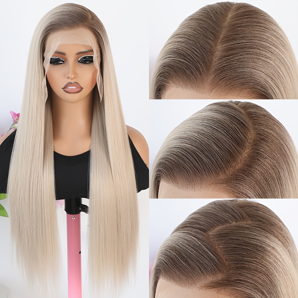 TEMU Perruque à Dentelle Frontale 13X6 Marron Blond pour Femmes, Ligne de Cheveux Pré-Épilée, Ombre 2 , Colle, Longue et Droite, Fibre Synthétique