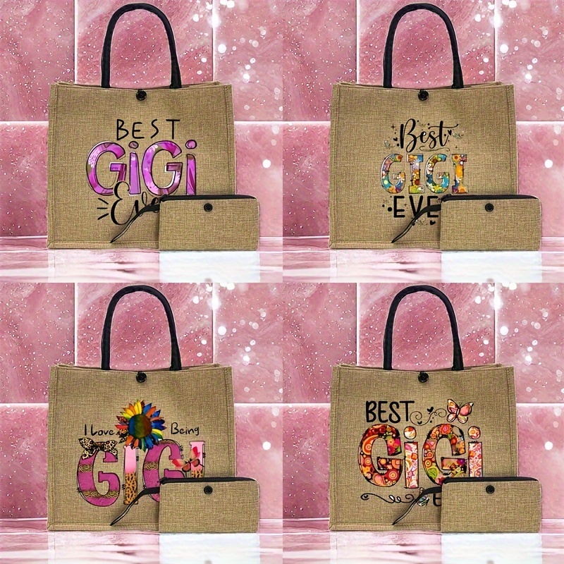 

2pcs Floral Gigi Pattern Tote Bag Set, Lightweight Burlap Shopping Bag, Portable Travel Beach Bag With Makeup Bag