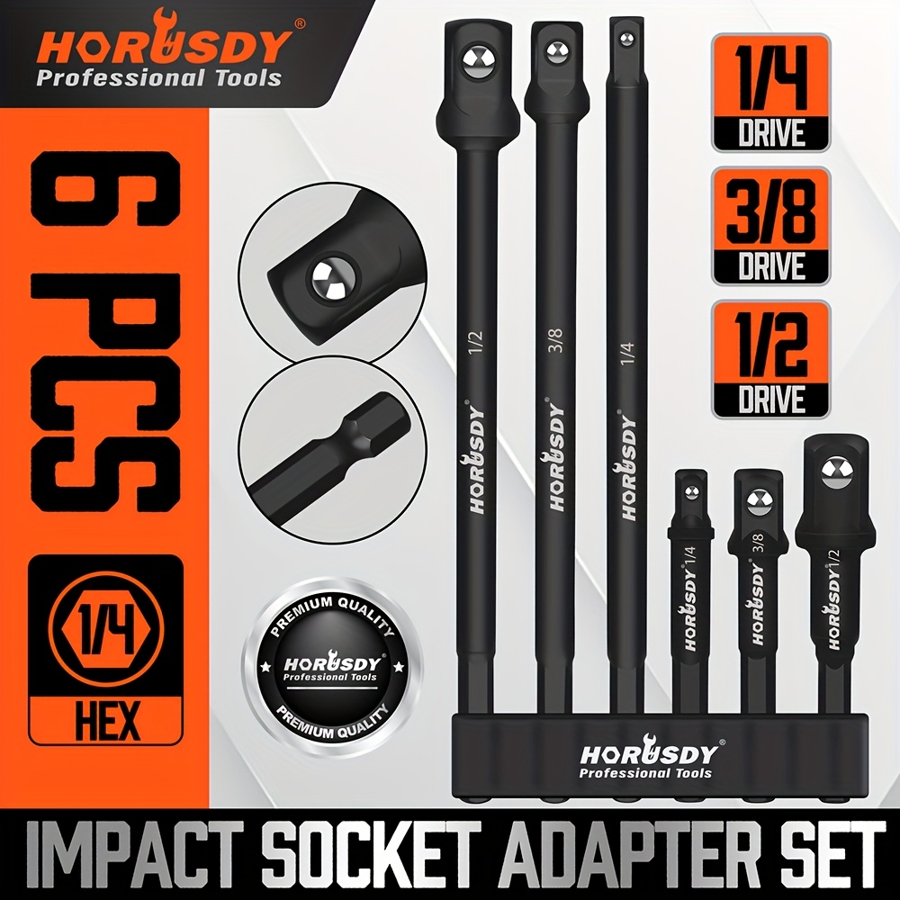 TEMU Horusdy Impact Socket Adapter | 6pcs | 1/4" 3/8" 1/2" Impact Driver Socket Adapter | 3-inch And 6-inch Long | Hex Shank | Chrome Vanadium Steel