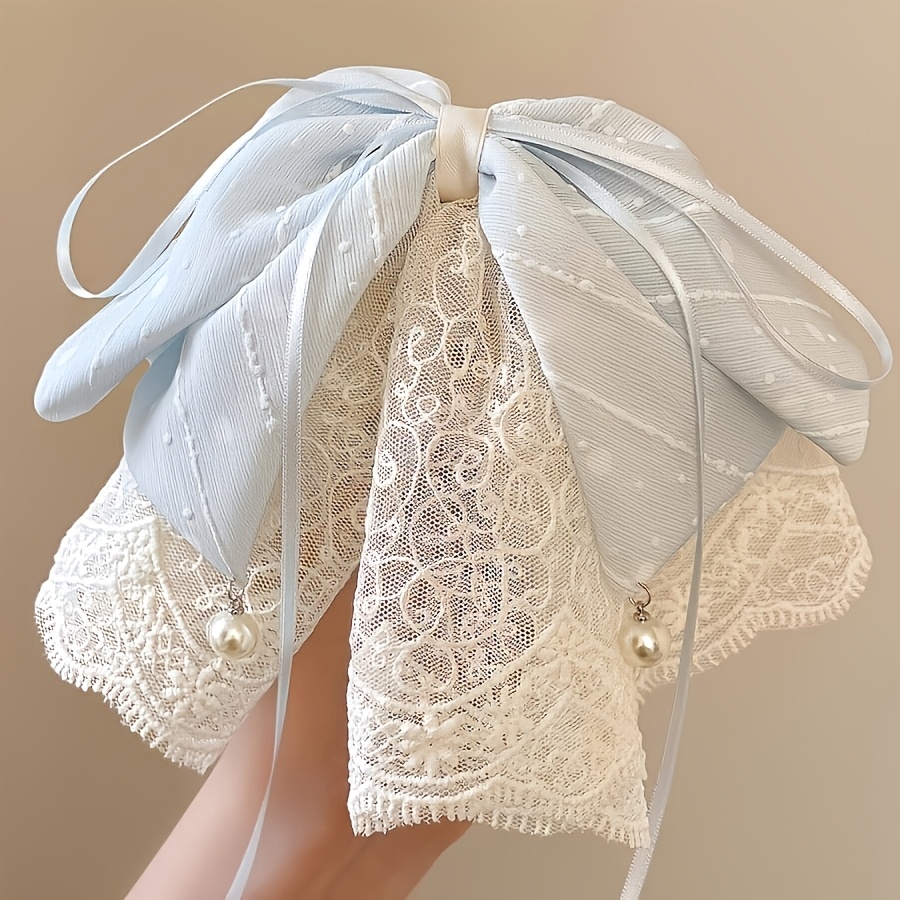 TEMU 1pc Blue Mesh Lace Bow Hair Clip With High-end Striped Chiffon Pearl Ponytail Clip For Semi-updo At The Back Of , Hair Accessory Suitable For