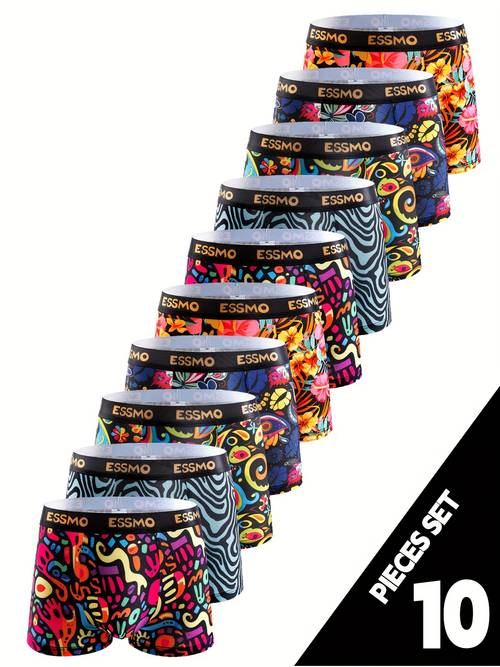 10pcs esmso vibrant geometric mens boxer briefs stretch polyester blend colorful abstract patterns fit with elastic waistband machine washable