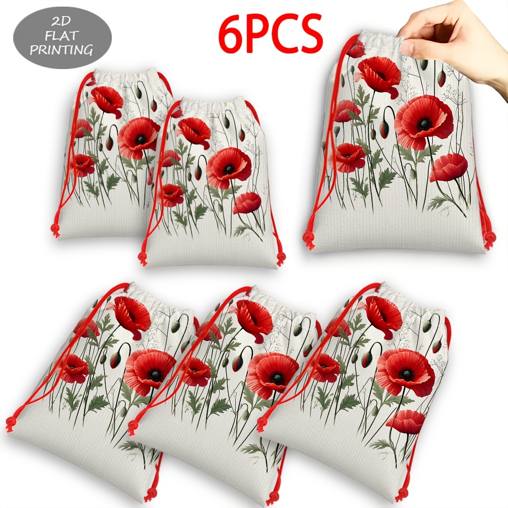 TEMU 6pcs, Fleurs de Coquelicot Rouges avec Feuilles Grande Fête Noël Sacs Cadeaux à Cordon, Sacs Cadeaux Pomme au Caramel, Emballage Adapté aux