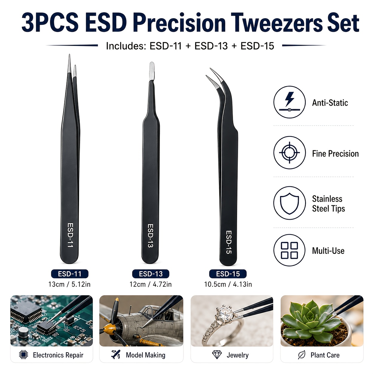 TEMU 3pcs Black Precision Tweezers Set, Anti-static Stainless Steel Pointed Tip Tweezers, Suitable For Electronics Repair, Mobile Phone Repair,