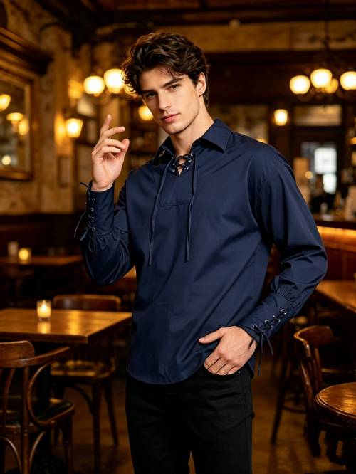 mens medieval renaissance viking pirate shirt lace up collar tunic top with long sleeves solid color suitable for renaissance viking costumes themed parties fathers day