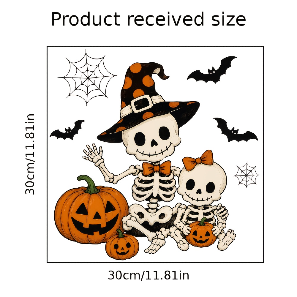 TEMU 1 Autocollant de fenêtre en PVC 11,81x11,81 pouces, motif crâne, citrouille, chauve-souris, toile d'araignée d'Halloween, amovible, adhésif, sur