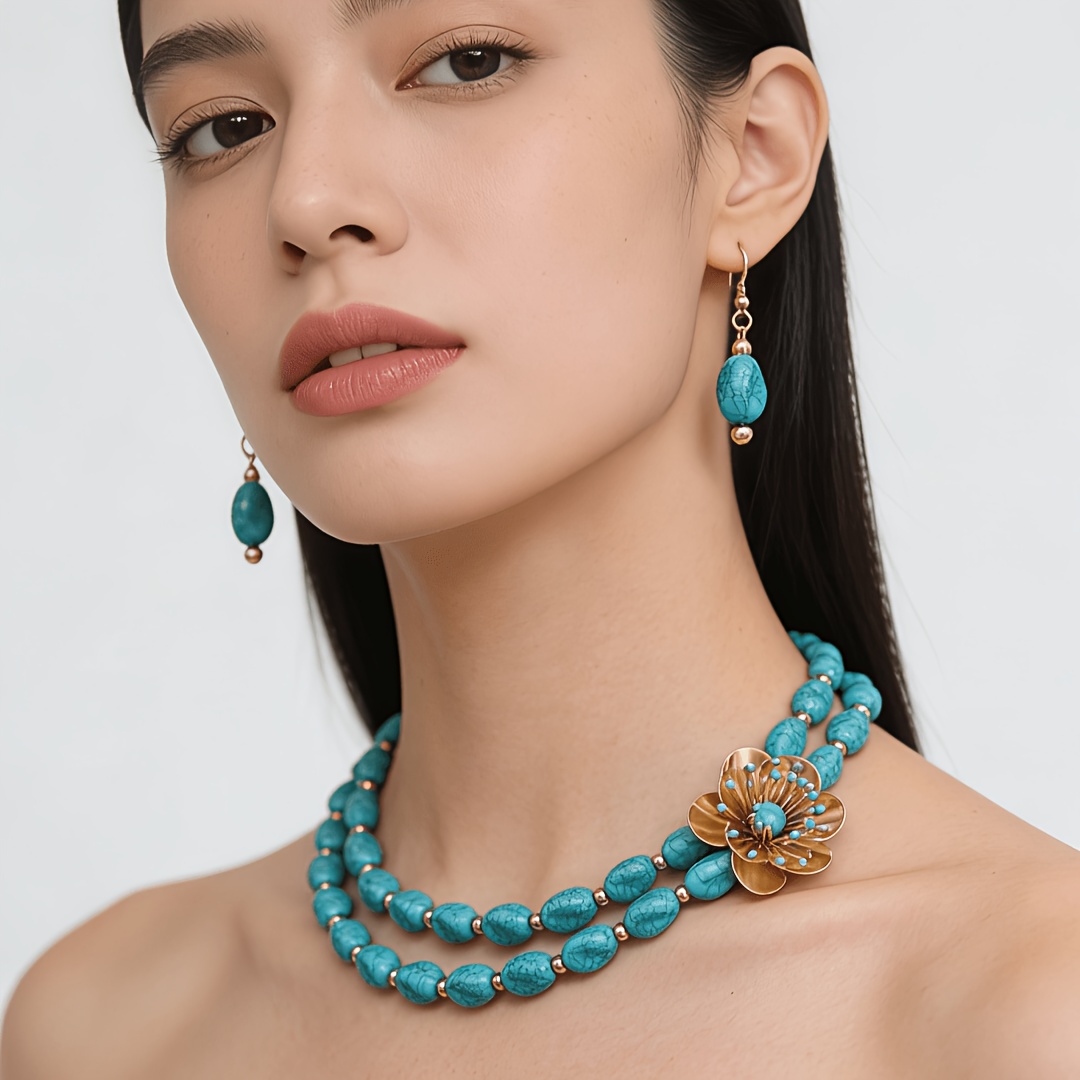 TEMU 1 Set Of Retro Light Luxury Turquoise Beaded Alloy Flower Decoration Necklace Earring Set For Women's Dinner Party Dating Wear