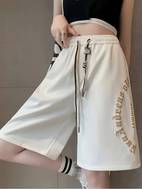 womens summer basketball shorts loose straight fit breathable casual sports design korean style foam print trendy heavyweight thin streetwear drawstring waistband beige with white basketball court detail elastic waistband comfortable for activities