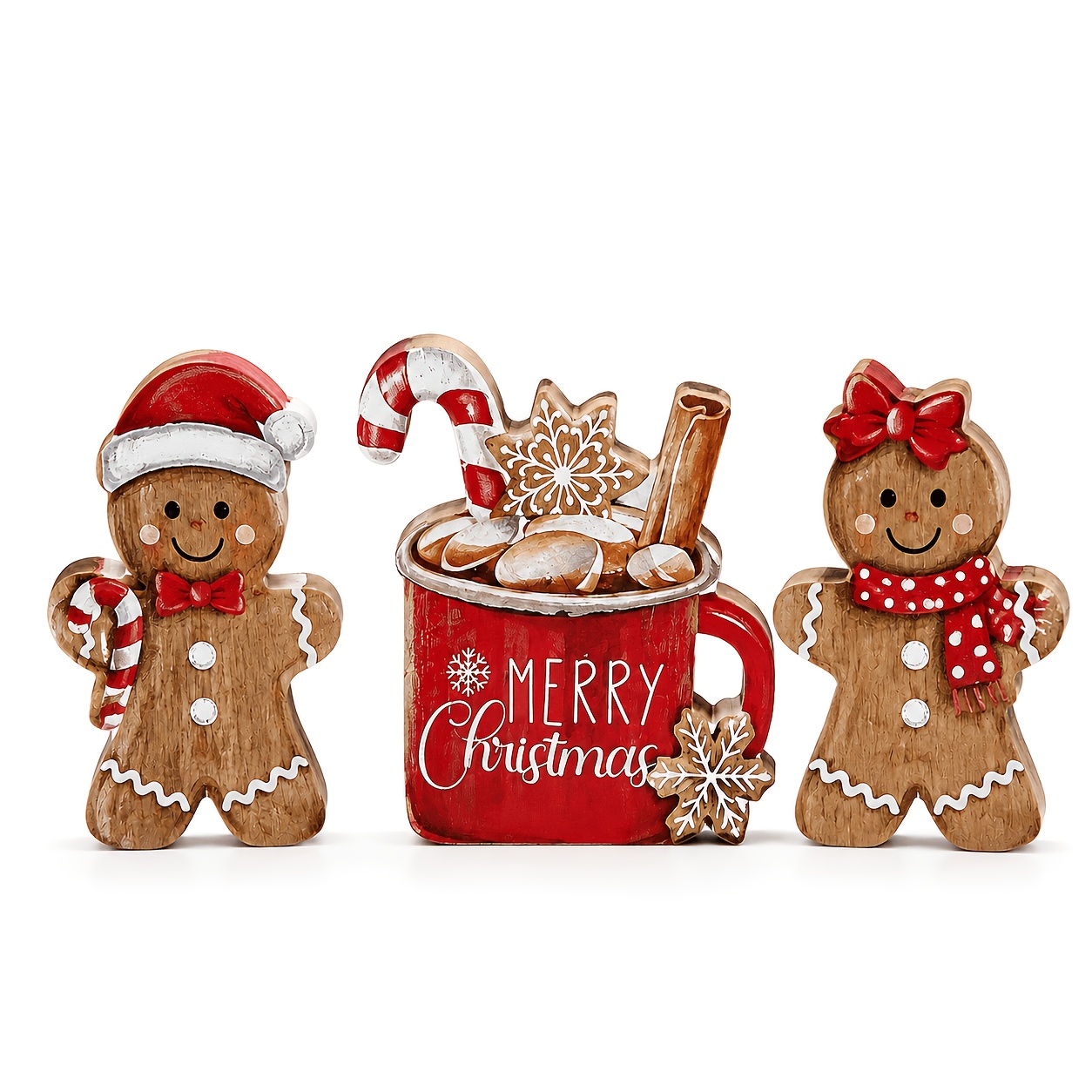 TEMU Ensemble de figurines d'épices de Noël en bois rustique, tasse Noël et pain d'épices pour homme, ornements de table, décoration de plateau à