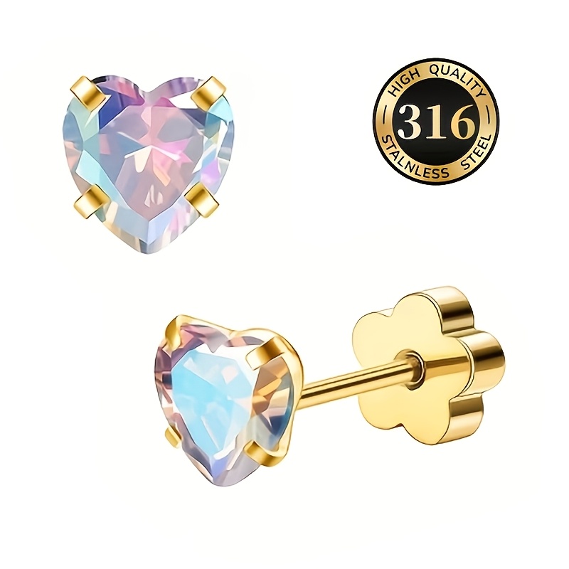 TEMU A Pair Of Low-allergy, Cute, Colorful Heart-shaped Stud Earrings Made Of 316 -grade Stainless Steel. Ultra-sparkly Earrings Feature Prong-set