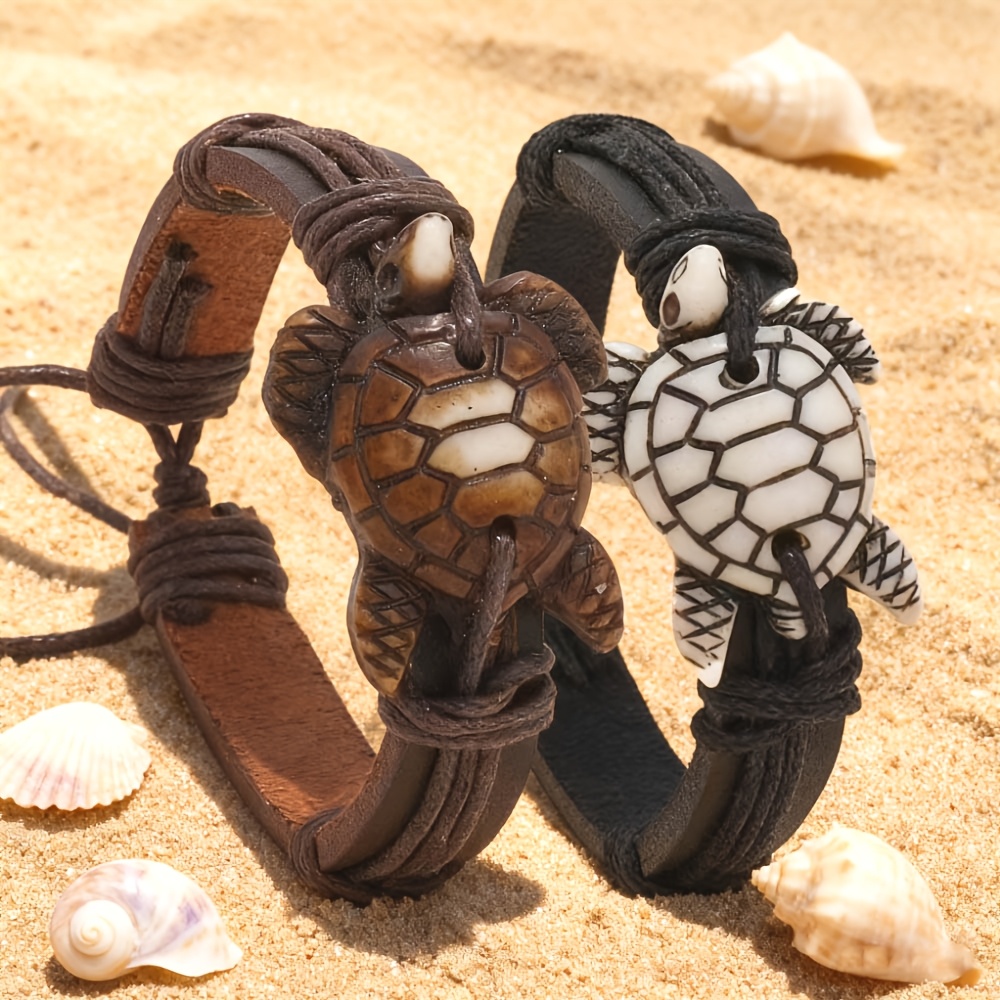 E-shop 2er-Set Vintage Schildkröte Kunstleder Armreif Armband, modisches Kunstleder handgefertigtes Strandarmreif Armband, einfaches Ozean-Stil