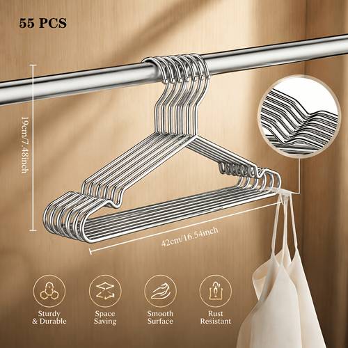 23-55 Stainless Steel Multi-Functional Metal Hanger, Standard Style Hanger, Smooth Stainless Steel Material, Lightweight and Durable, Suitable for Hanging Coats, Trousers, and Accessories, Ideal for and Dorm Rooms, No-Mark Metal