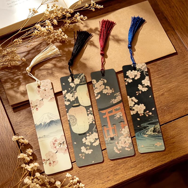 TEMU 4pcs, Japanese-style Cherry , Cherry , , Torii Gate, Lantern, Artistic Style Pattern 1.5in*5.9in 2d Printed Pu Leather Bookmarks With Tassels,