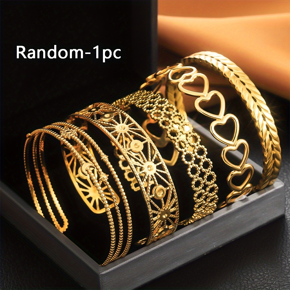 TEMU 1pc [random] Stainless Steel Bangle, Adjustable Size, Vintage Fashion Hollow Women's Bracelet, Suitable For Daily And Party Matching