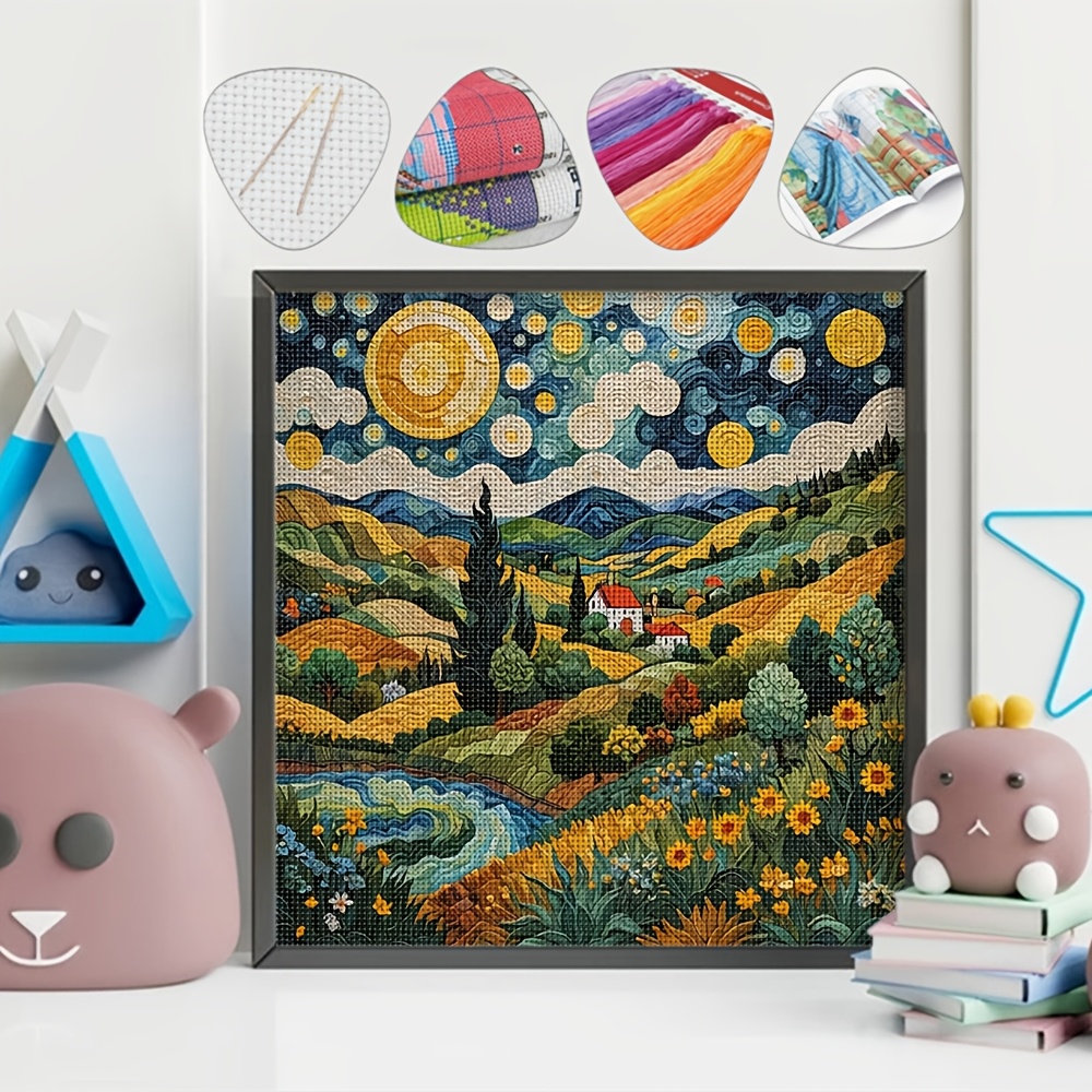 TEMU 1 Set Van Gogh Starry Night Cross Stitch Kit Suitable For Adult Beginners, Complete Diy Embroidery Craft With Pre-printed Fabric, , 14.17x14.17