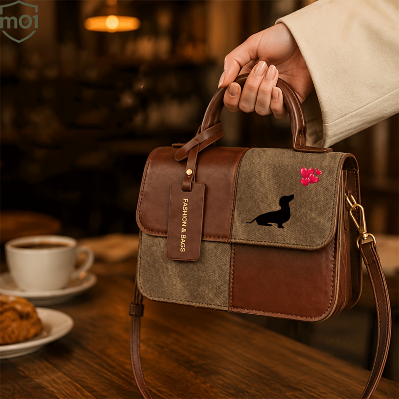 TEMU 1pc Women's Handbag Cute Dachshund Heart Pattern Print Featuring A Vintage Square Shape Color- Magnetic Closure And Adjustable Shoulder Strap